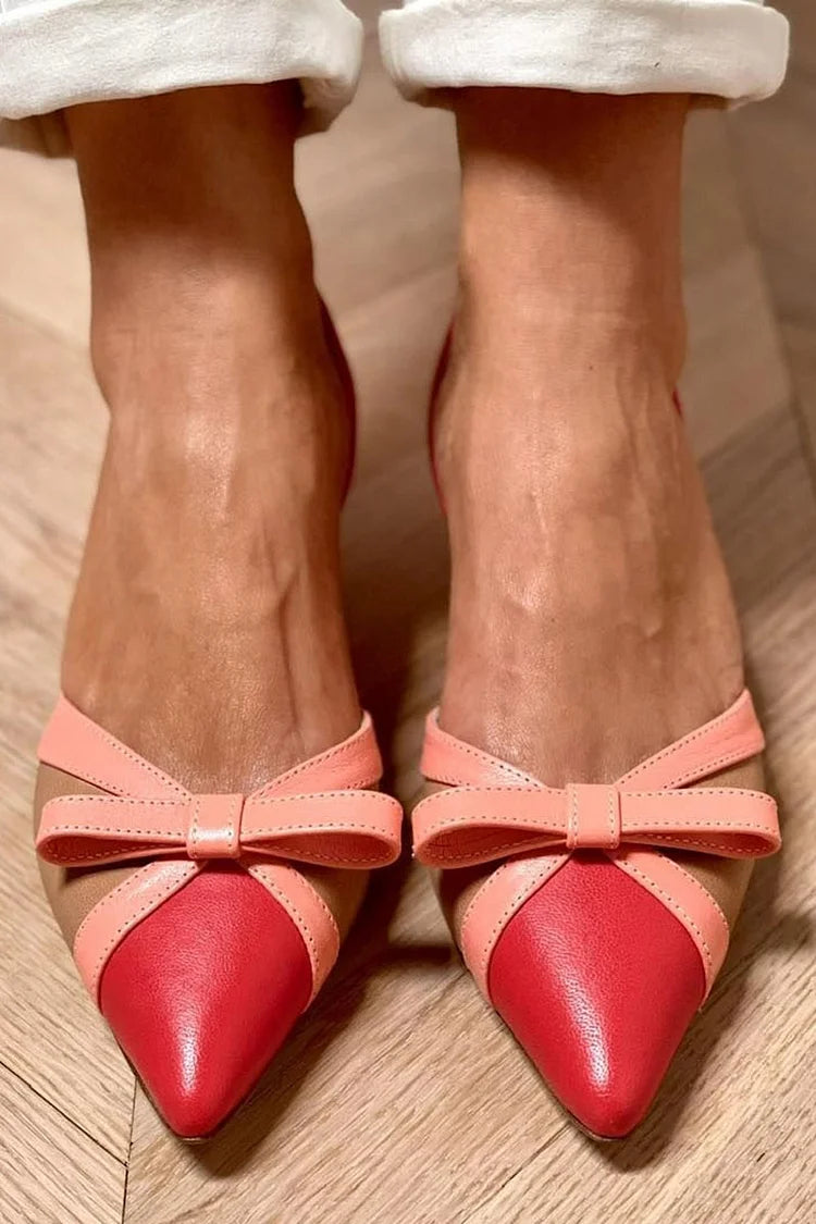 Colorblock Bow Decor Pointed Toe Red Kitten Heels [Pre Order]