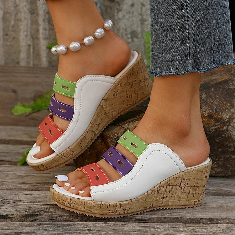 Color Block Quilted Hollow Out Peep Toe Wedge Slippers