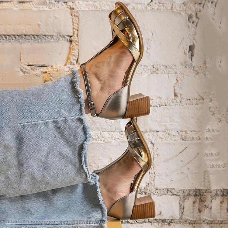 Metallic Criss Cross T-Strap Buckle Peep Toe Gold Chunky Heels