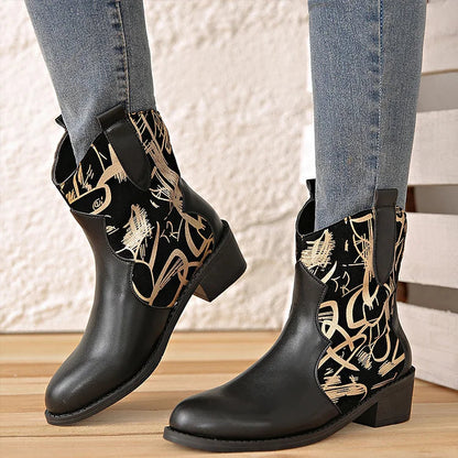 Pattern Print Round Toe Patchwork Chunky Heel Mid Boots