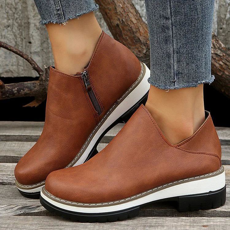 Patchwork Round Toe Chunky Heel Zipper Casual Ankle Boots