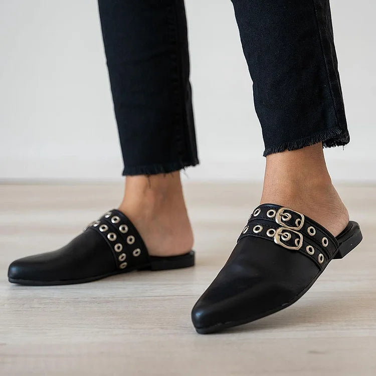 Eyelets Straps Buckles Decor Pointed Toe Black Mules