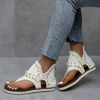 Studded O-Ring Buckle Raw Trim Flip Flops Canvas Sandals