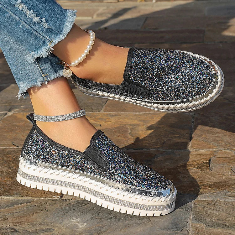 Shimmering Sequin Stitch Detail Round Toe Slip On Platform Loafers