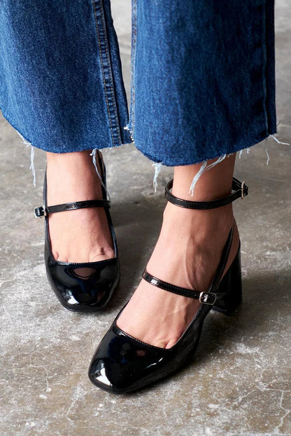 Square Toe Ankle Strap Buckle Plain Black Chunky Heels