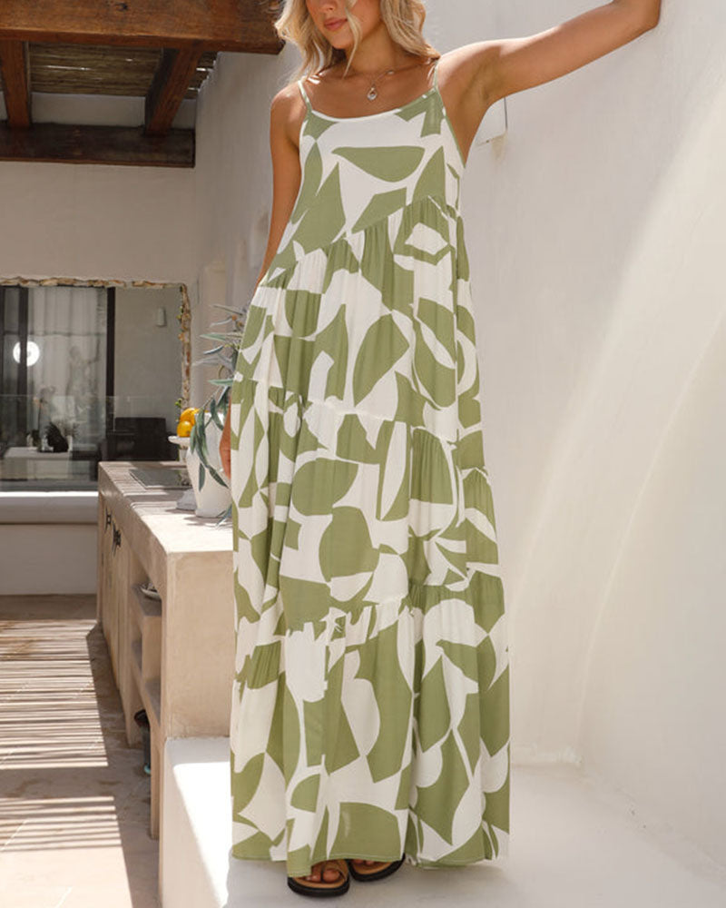 Resort print patchwork suspender dress