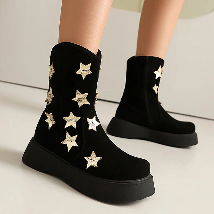 Star Shaped Patchwork Zipper Round Toe Low Platform Ankle Boots