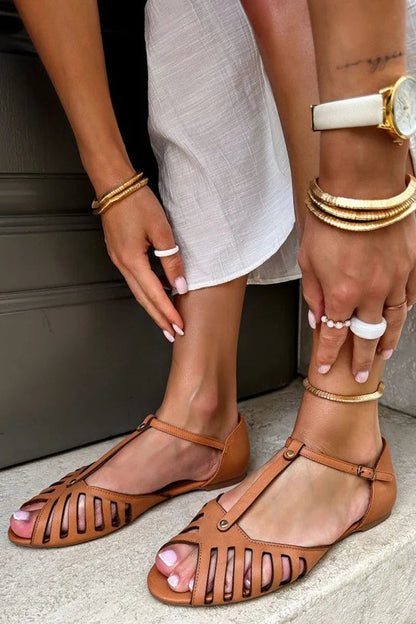 Hollow Out T-Strap Buckle Peep Toe Brown Sandals