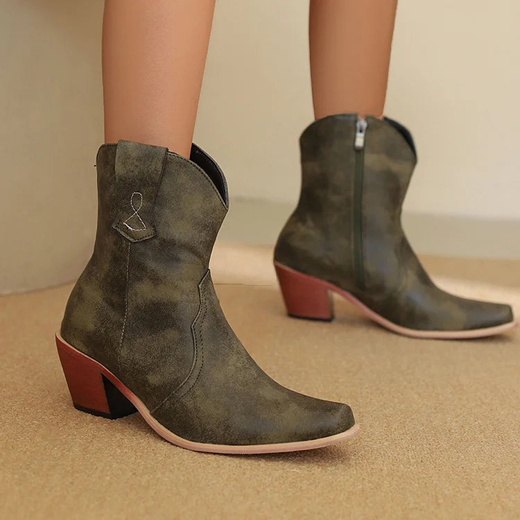 Patchwork Pointed Toe Chunky Heel Zipper Western Boots