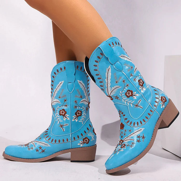 Boho Floral Embroidery V Cut Square Toe Chunky Heel Mid Boots