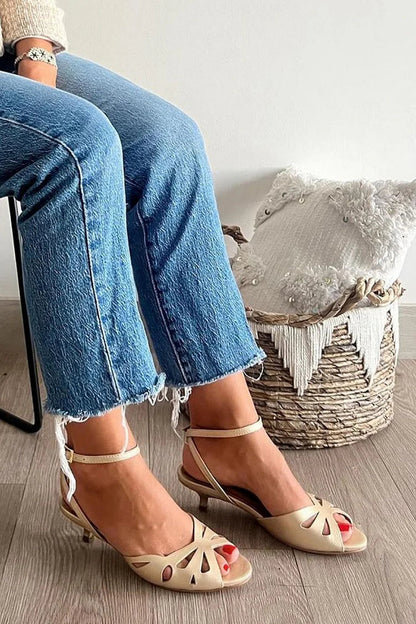 Hollow Out Ankle Strap Buckle Beige Low Heels [Pre Order]