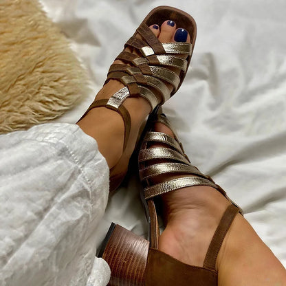 Asymmetric Woven Strap Hollow Out Sandals Chunky Heels [Pre Order]