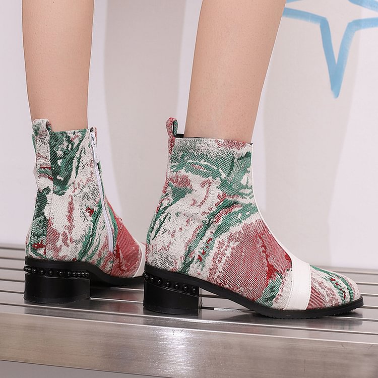 Colorblock Abstract Pattern Patchwork Round Toe Ankle Boots