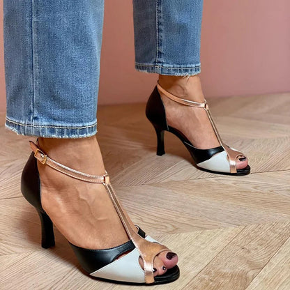 Colorblock T-Strap Buckle Peep Toe Chic Stiletto Heels