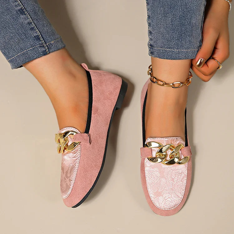 Floral Jacquard Patchwork Metal Chain Decor Round Toe Loafers