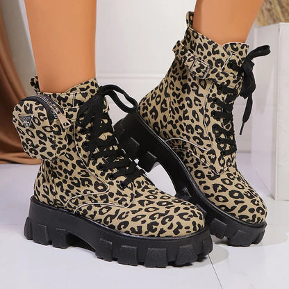 Pocket Decor Leopard Print Round Toe Chunky Heel Lace Up Mid Boots