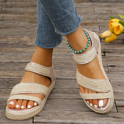 Woven Espadrille Patchwork Elastic Ankle Band Platform Sandals