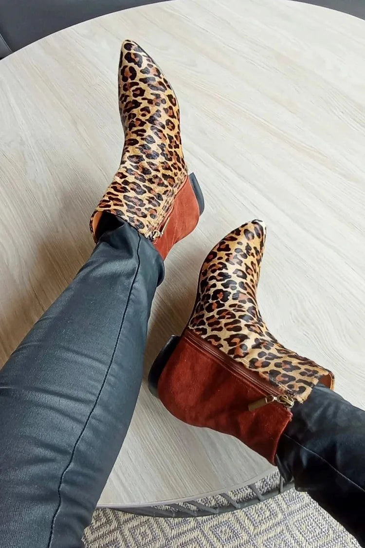 Leopard Print Colorblock Pointed Toe Brown Ankle Boots [Pre Order]