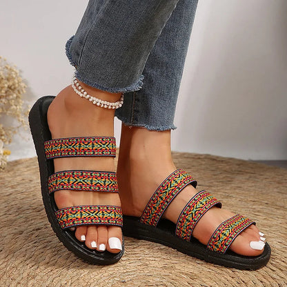 Ethnic Pattern Three Instep Straps Round Toe Slippers