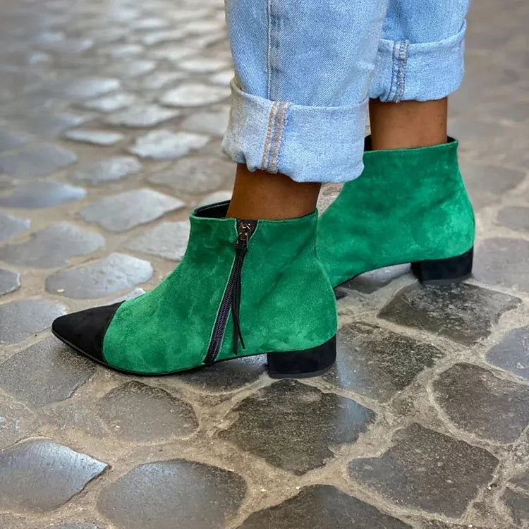 Colorblock Pointed Toe Low Block Heel Green Ankle Boots [Pre Order]