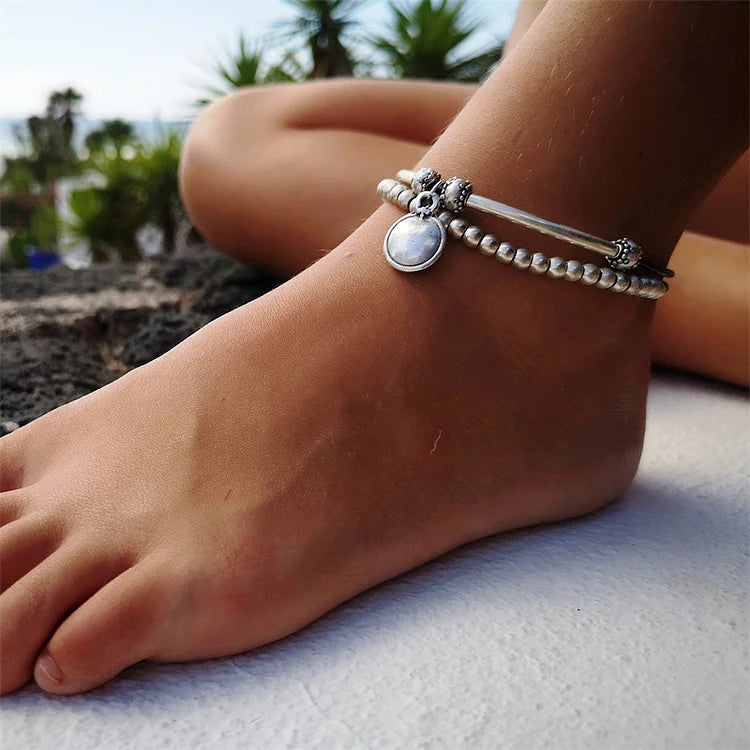 Boho Style Alloy Round Pendant Beaded Layered Anklet