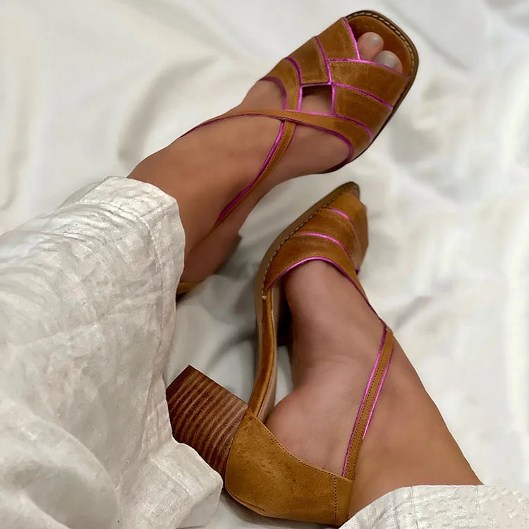 Contrast Color Trim Cross Strap Peep-Toe Chunky Heels