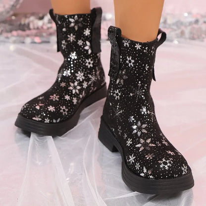 Snowflake Print Round Toe Zipper Low Block Heel Mid Boots