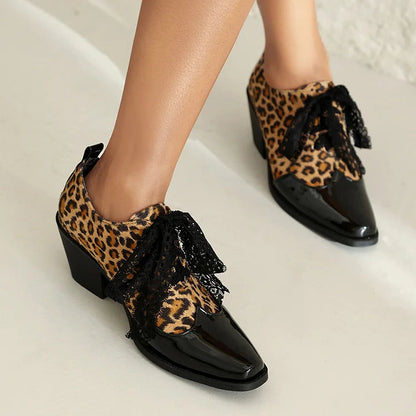 Tied Up Lace Leopard Print Patchwork Square Toe Chunky Heel Oxfords