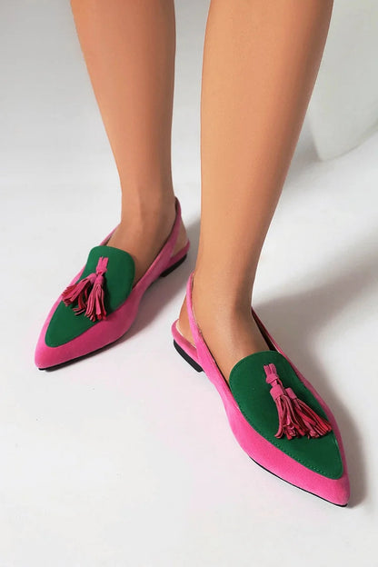 Color Block Fringed Trim Slingback Pointy Toe Flats