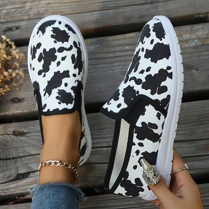 Cow Print Round Toe Slip On Lightweight Casual Loafers