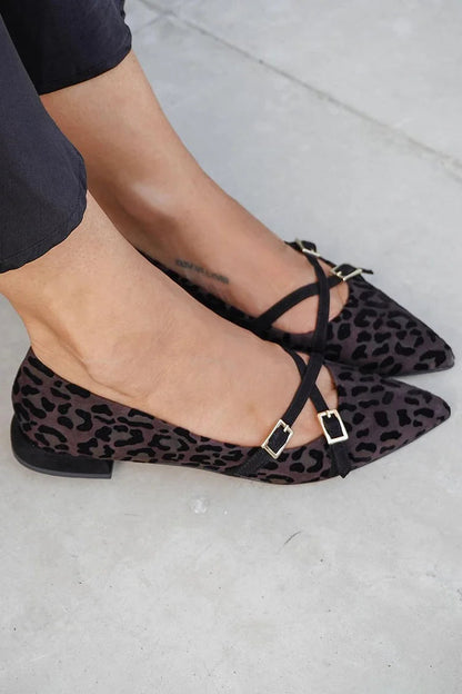 Cross Straps Buckles Pointed Toe Leopard Print Dark Brown Flats [Pre Order]