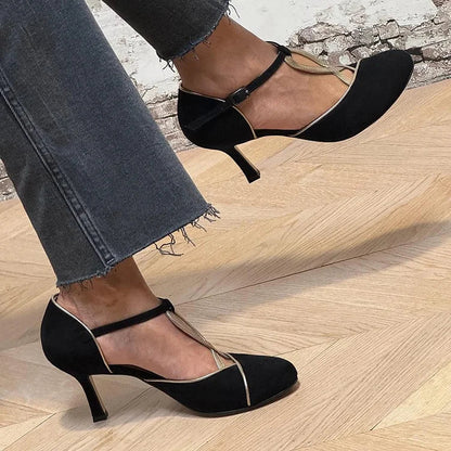 Contrast Binding Patchwork Ankle Strap Black Stiletto Heels [Pre Order]