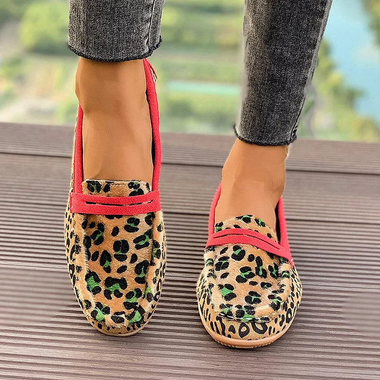 Leopard Print Colorblock Patchwork Round Toe Loafers