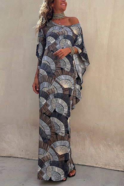 Vestido largo drapeado suelto con estampado de mármol geométrico