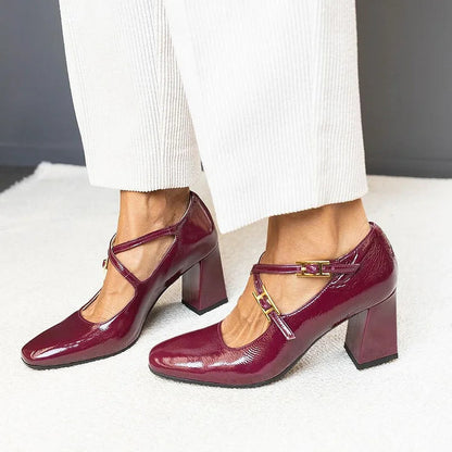 Cross Strap Buckle Square Toe Burgundy Chunky Heels [Pre Order]