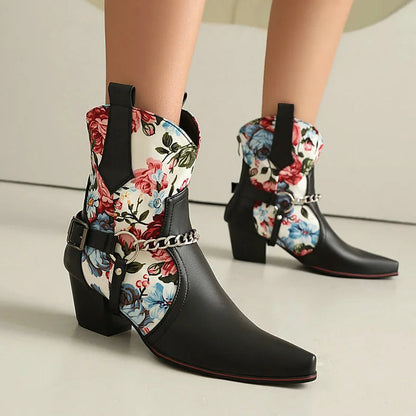 Floral Print Patchwork Chain Decor Pointed Toe Chunky Heel Ankle Boots