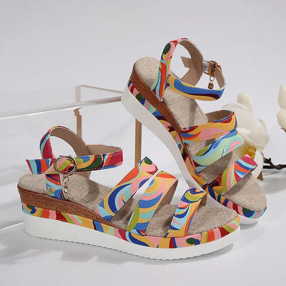 Colourful Swirl Print Alloy Buckle Ankle Strap Platform Wedge Sandals