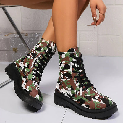 Camouflage Print Round Toe Chunky Heel Lace Up Mid Boots