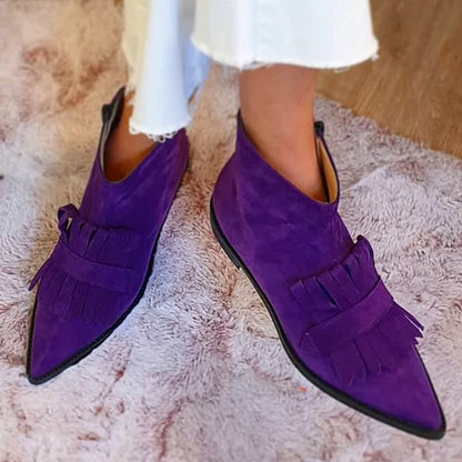 Faux Suede Tassels Trim Zipper Pointy Toe Purple Flat Boots