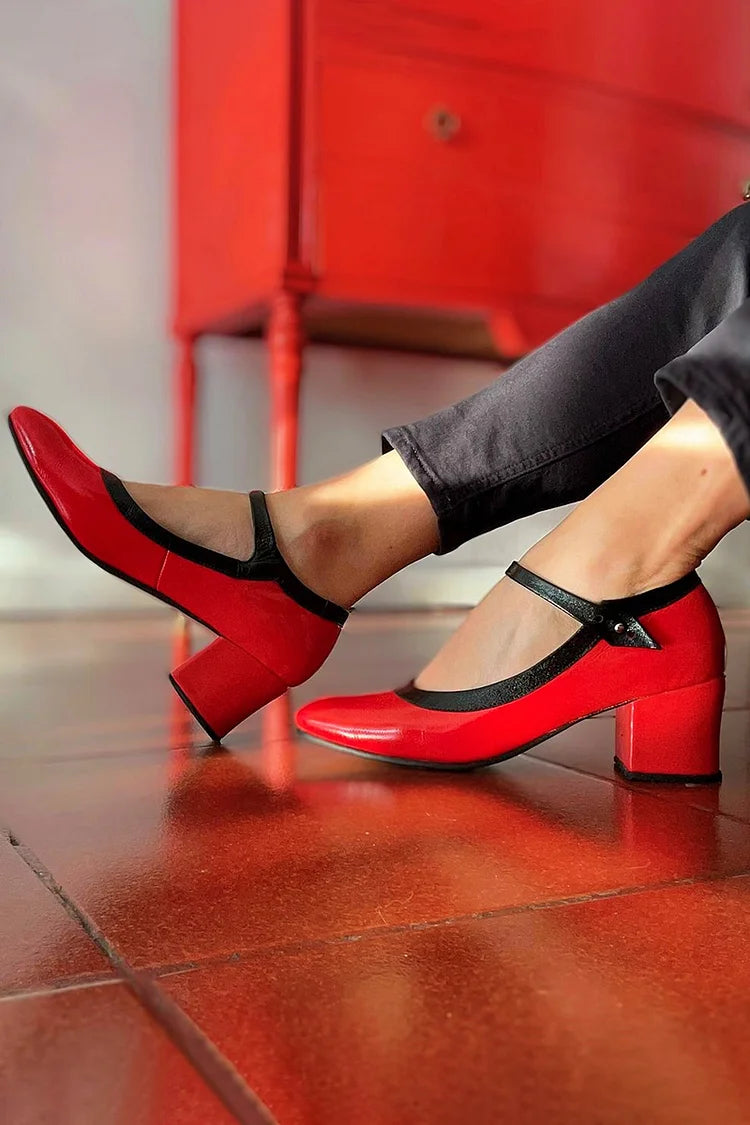 Contrast Color Instep Strap Buckle Red Chunky Heels [Pre Order]