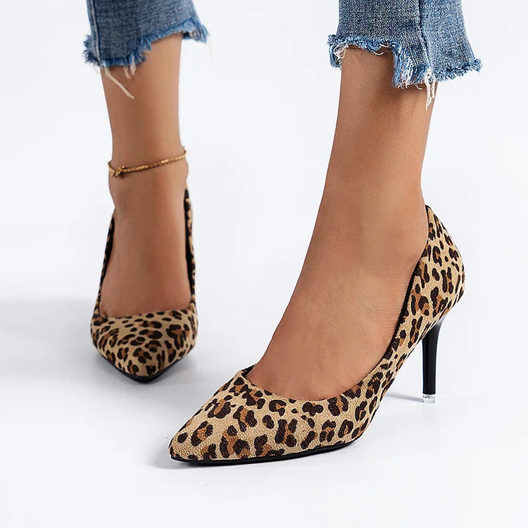 Leopard Print Pointed Toe Elegant Slip On Stiletto Heels