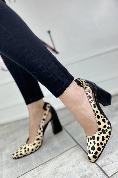 Leopard Print Cutout Pointed Toe Beige Chunky Heels [Pre Order]