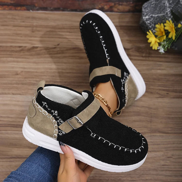 Colorblock Stitch Detail Patchwork Strap Buckle Round Toe Snow Boots