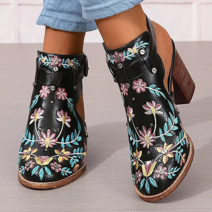 Floral Leaf Embroidery Round Toe Slingback Chunky Heels