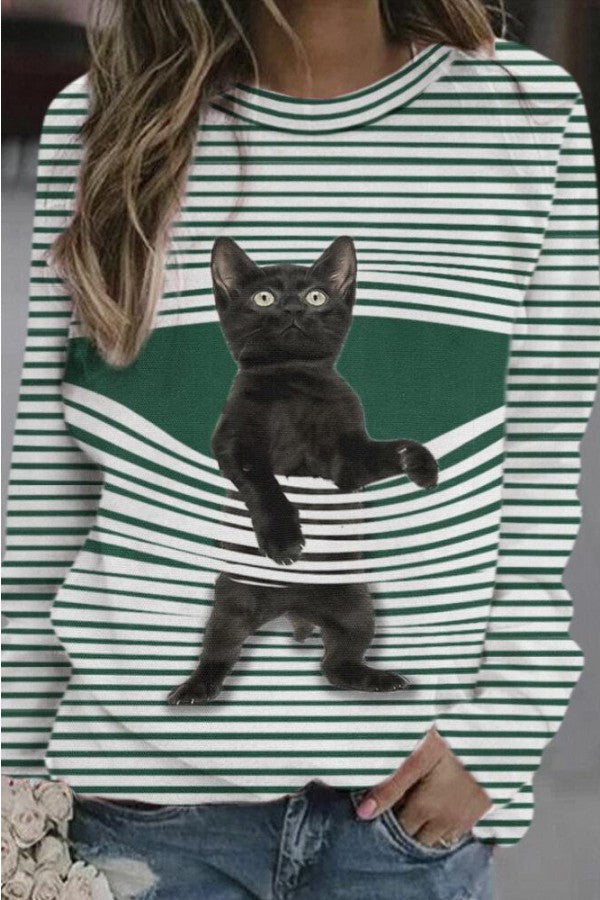 Stripe Cat Print Round Neck Long Sleeves Sweatshirt