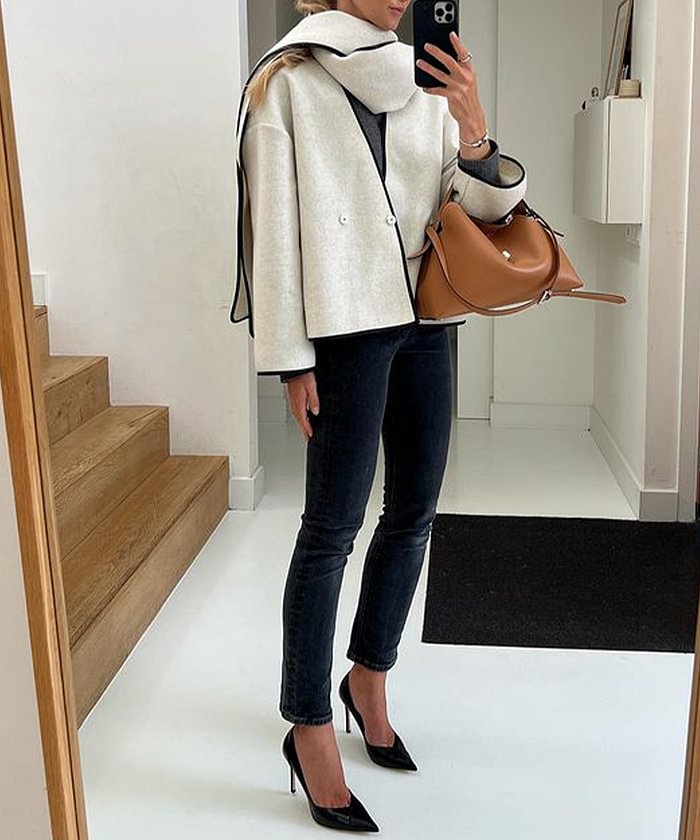 French Minimalism Style Short Coat with Scarf