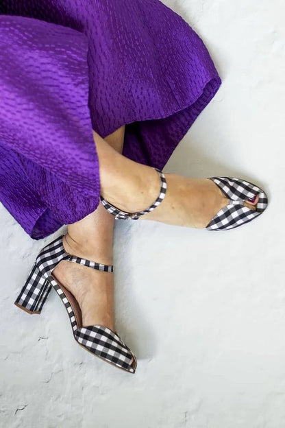 Plaid Peep Toe Ankle Strap Buckle Black Chunky Heels [Pre Order]