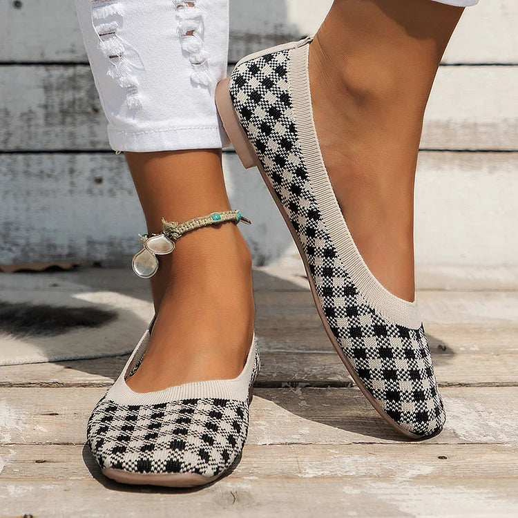 Casual Plaid Print Square Toe Slip On Lightweight Knit Flats