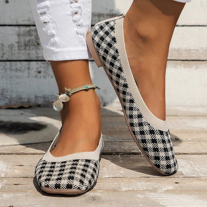 Casual Plaid Print Square Toe Slip On Lightweight Knit Flats