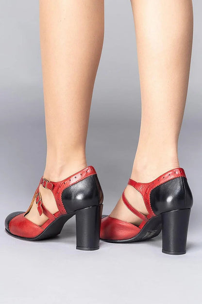 Colorblock Round Toe Elegant Red Chunky Heels [Pre Order]